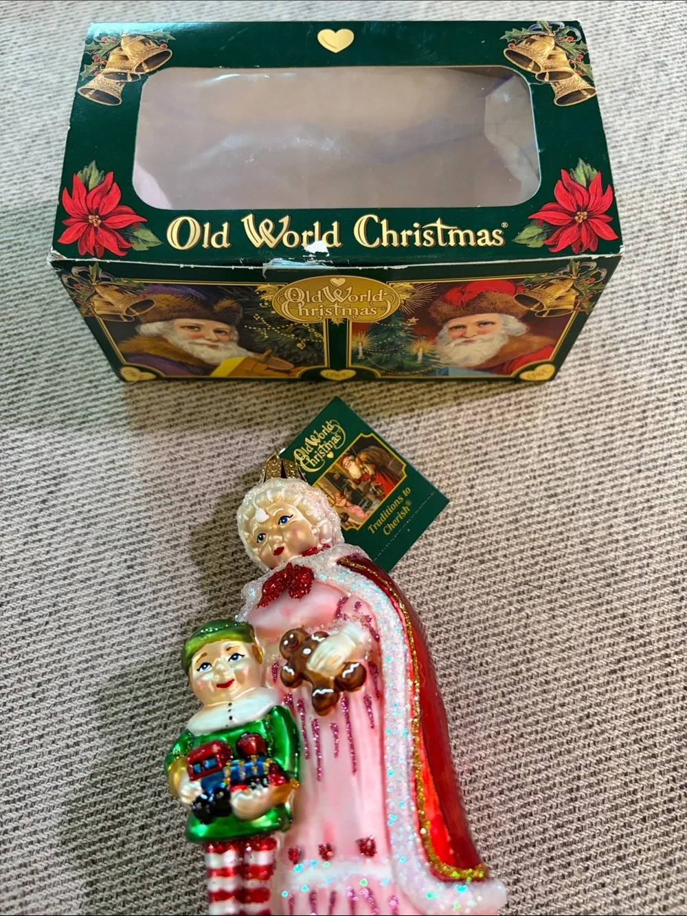 Old world Christmas retired ornament Pink Mrs. Claus with tags and box